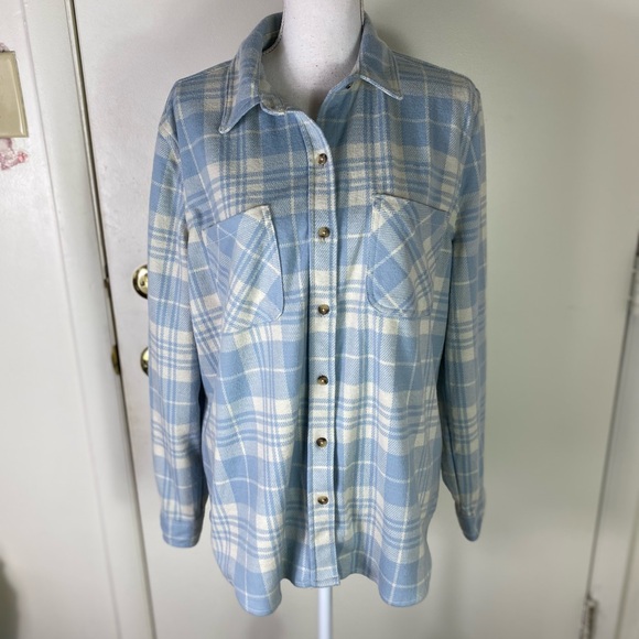 Casa Cabana women XL Sienna soft blue white plaid button flannel Shirt Pockets - Picture 2 of 11